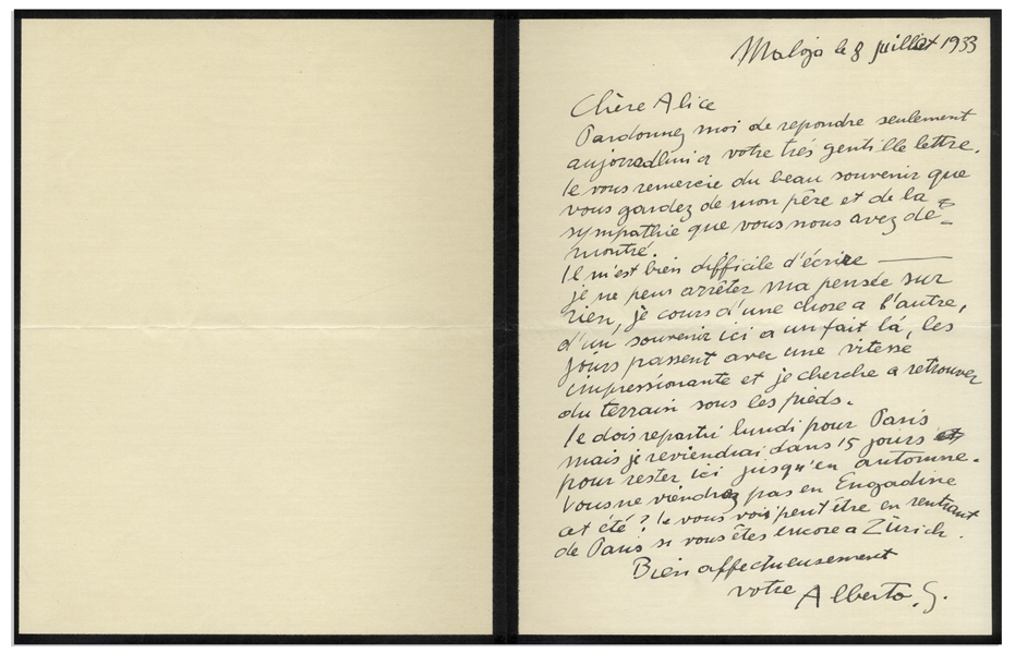 Alberto Giacometti Autograph Letter Signed -- Extremely Rare Missive by the Famed Sculptor, Here Mourning the Death of His Father, the Painter Giovanni Giacometti
